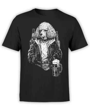 black unisex t-shirt with detailed white illustration of a curly poodle in a leather jacket holding a frothy beer lover mug