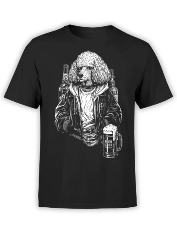 black unisex t-shirt with detailed white illustration of a curly poodle in a leather jacket holding a frothy beer lover mug