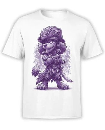 Front view of white unisex T-shirt featuring a detailed purple pirate poodle with crossed paws, sword, and skull hat graphic