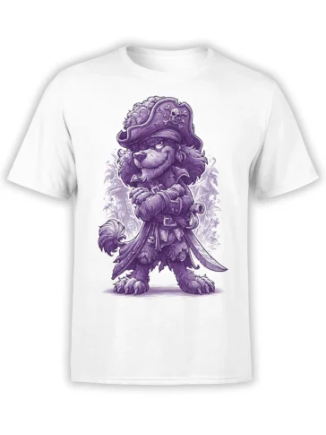 Front view of white unisex T-shirt featuring a detailed purple pirate poodle with crossed paws, sword, and skull hat graphic