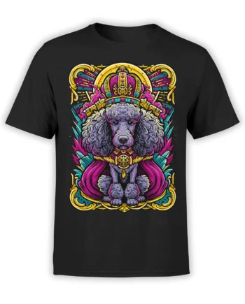 Black unisex t-shirt with a neon royal poodle illustration wearing a crown and cape in bright pink, yellow, teal, and purple