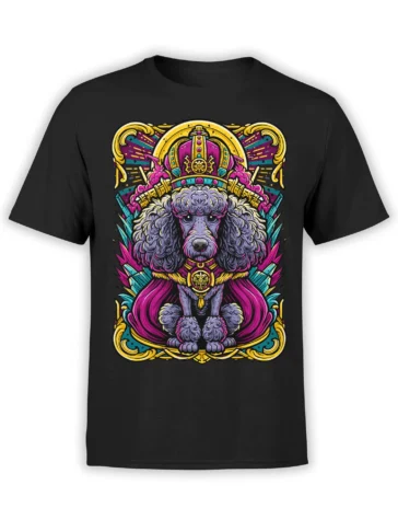 Black unisex t-shirt with a neon royal poodle illustration wearing a crown and cape in bright pink, yellow, teal, and purple