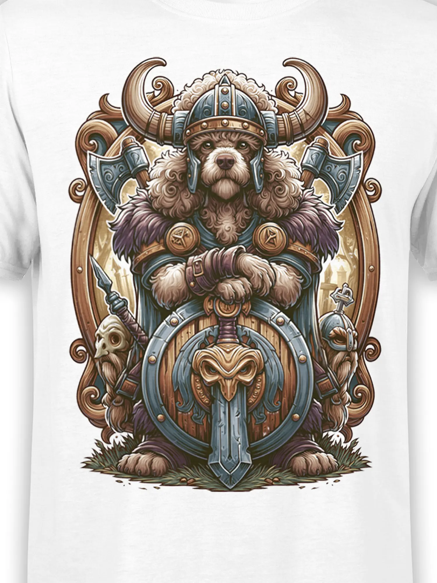 close-up of Viking poodle design showing helmet, curly fur, shield, and axes with intricate Norse-inspired detailing