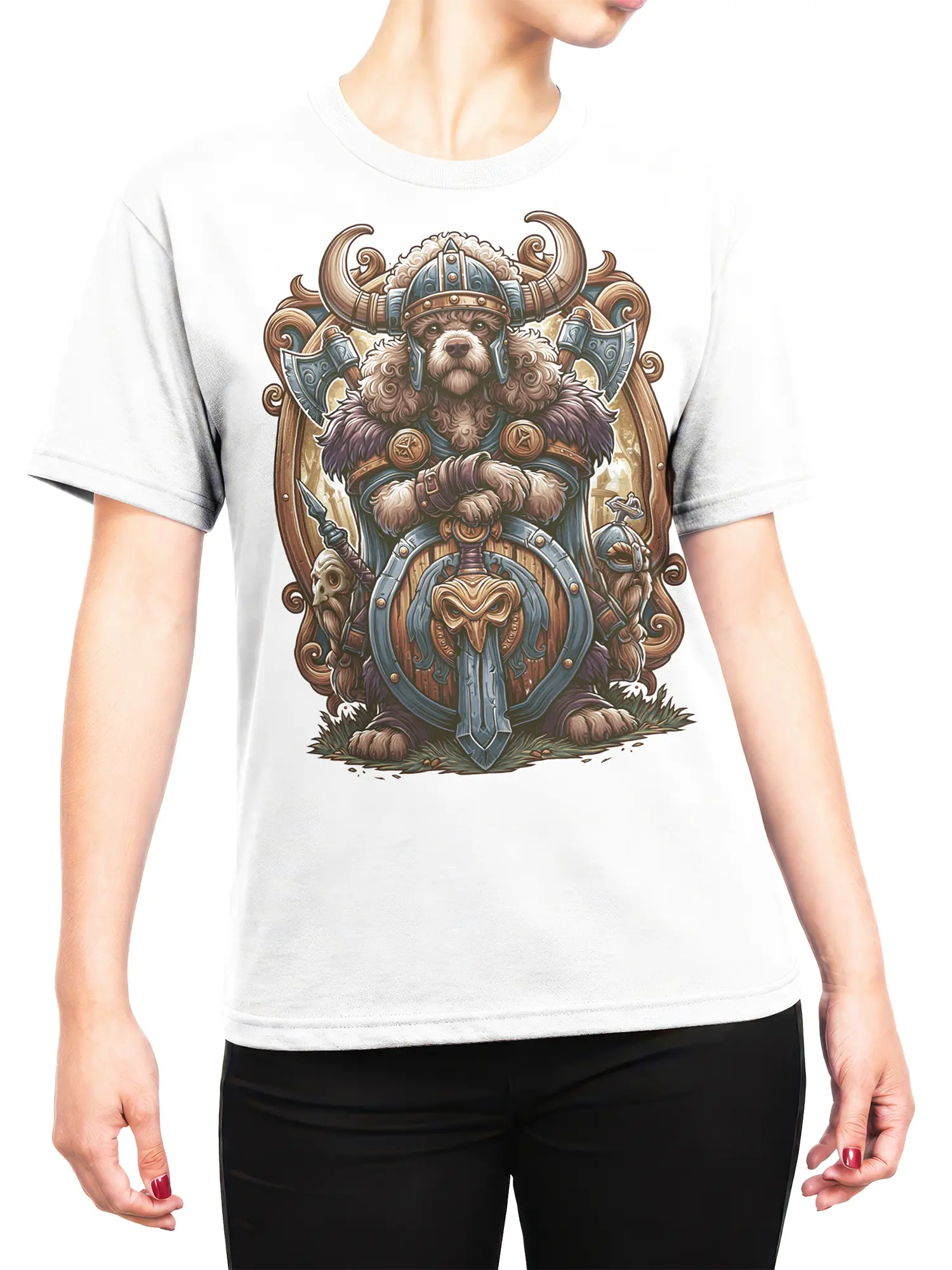 female model wearing white Viking poodle warrior t-shirt with detailed fantasy dog illustration