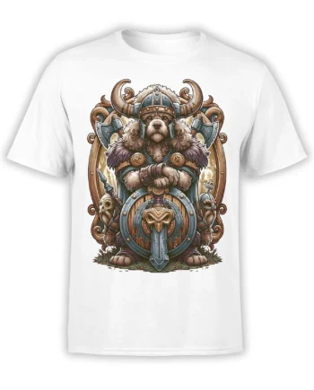 white unisex t-shirt with detailed Viking warrior poodle holding a shield and sword, framed by ornate Norse-style artwork