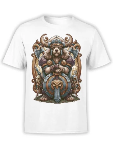 white unisex t-shirt with detailed Viking warrior poodle holding a shield and sword, framed by ornate Norse-style artwork