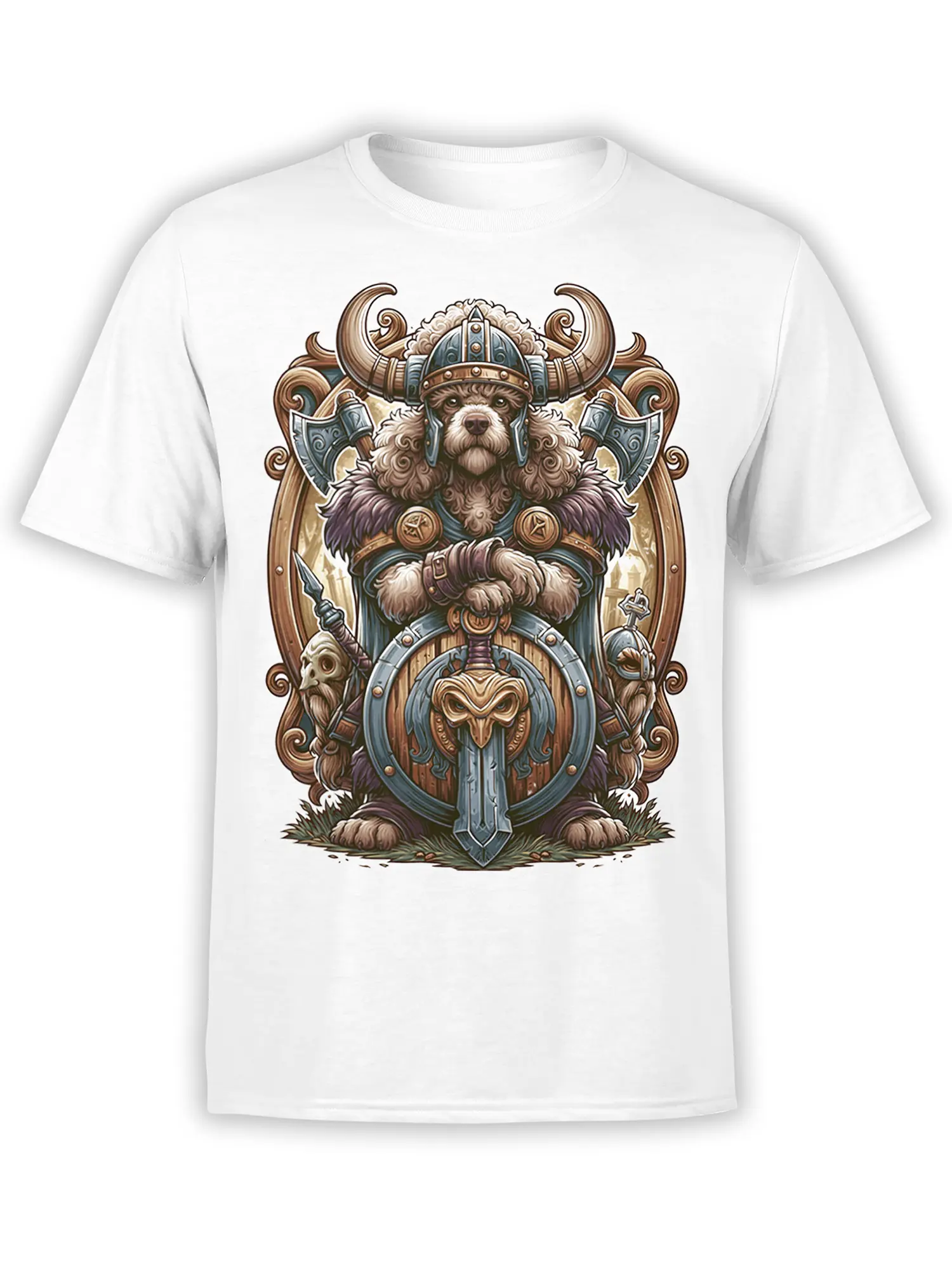 white unisex t-shirt with detailed Viking warrior poodle holding a shield and sword, framed by ornate Norse-style artwork