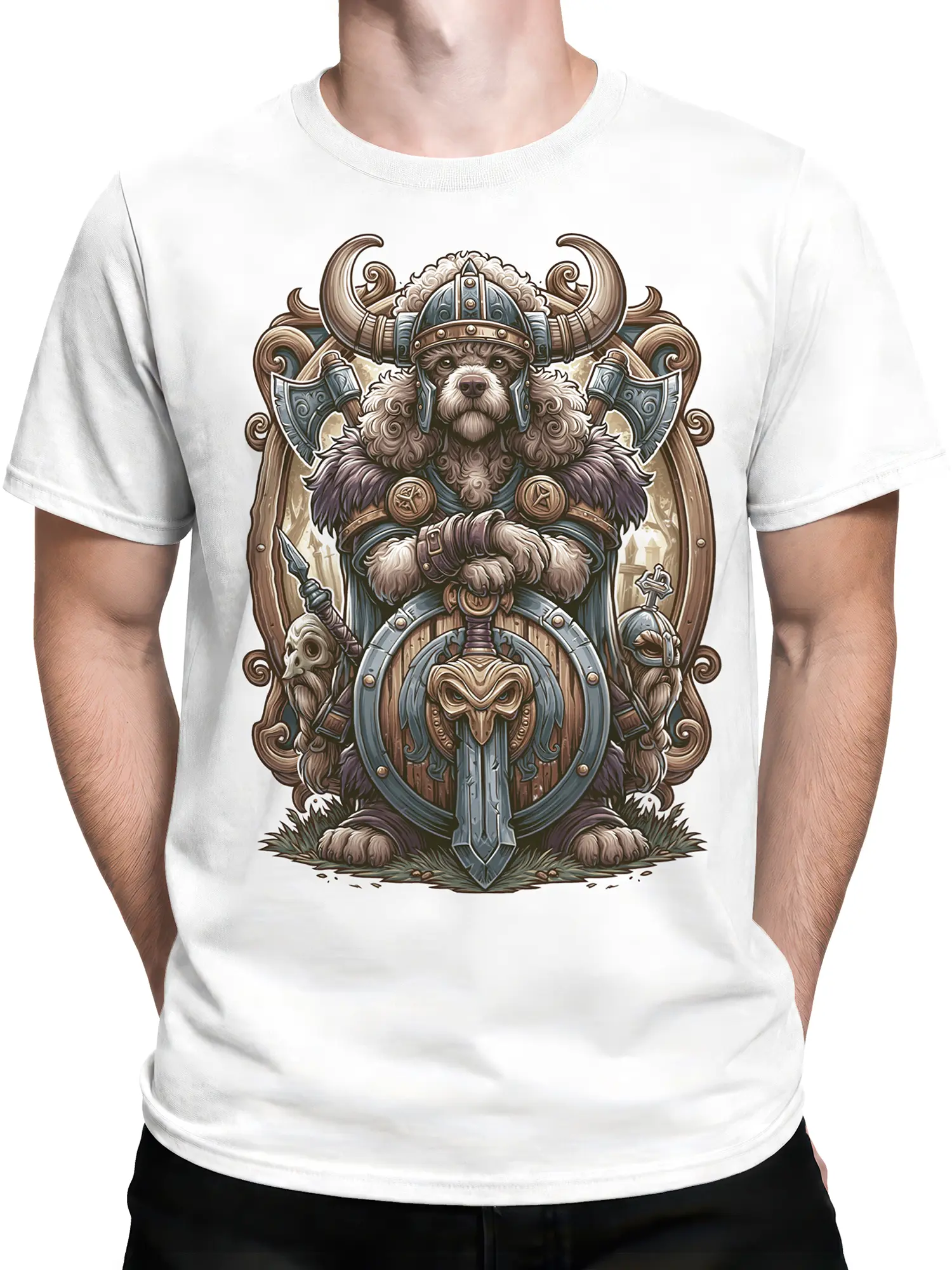 male model wearing white Viking poodle warrior t-shirt with ornate shield and axe artwork