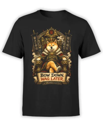 Black unisex T-shirt with regal Shiba Inu emperor on a golden throne and Bow Down Wag Later slogan in detailed fantasy style.