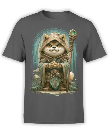 Gray unisex t-shirt with detailed fantasy Shiba Inu wizard in hooded robe holding a magic staff in a glowing forest scene