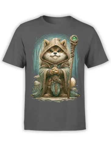 Gray unisex t-shirt with detailed fantasy Shiba Inu wizard in hooded robe holding a magic staff in a glowing forest scene