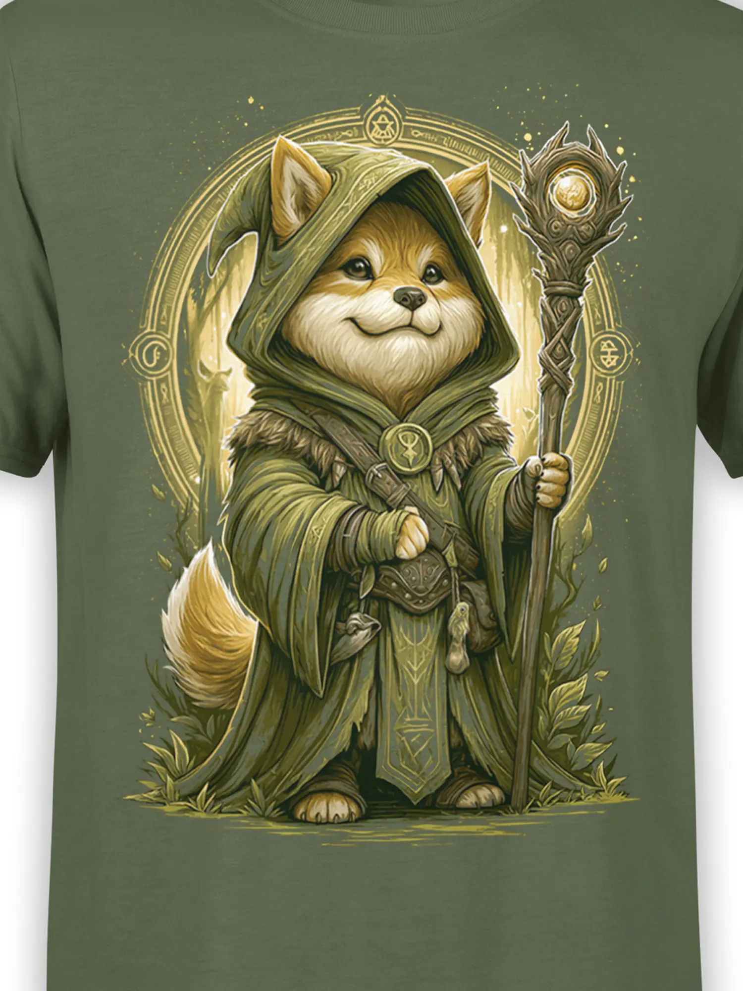 Close-up of the shiba inu wizard artwork showing robe details, glowing staff, and golden rune circle on the olive green shirt.