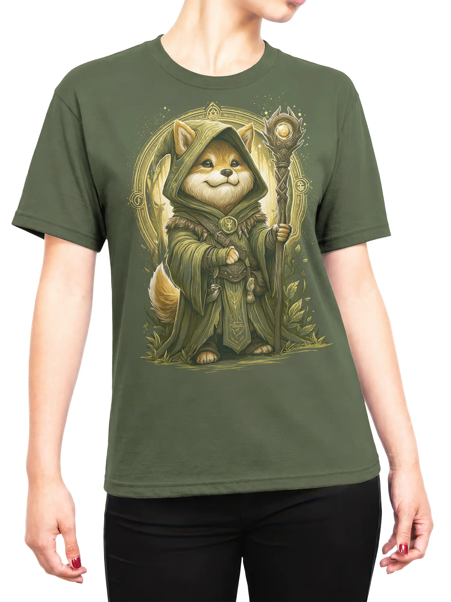 Woman wearing the olive green shiba inu wizard t-shirt, showing fit and detailed fantasy dog design on the front.