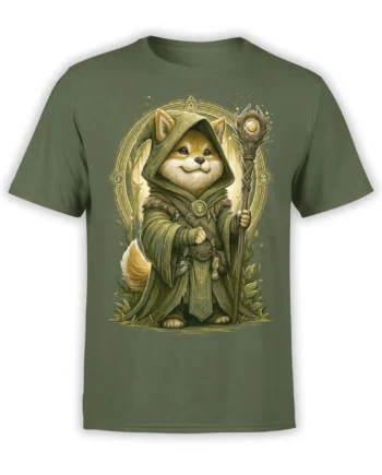Olive green unisex t-shirt with a detailed shiba inu wizard in robes holding a magic staff inside a glowing rune circle.