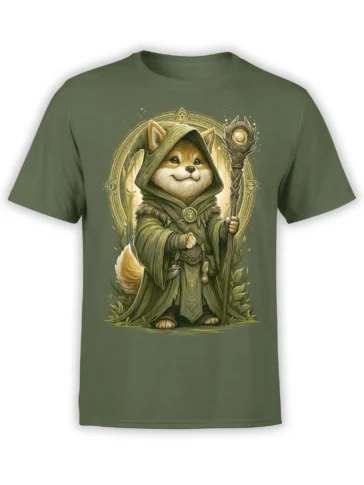Olive green unisex t-shirt with a detailed shiba inu wizard in robes holding a magic staff inside a glowing rune circle.