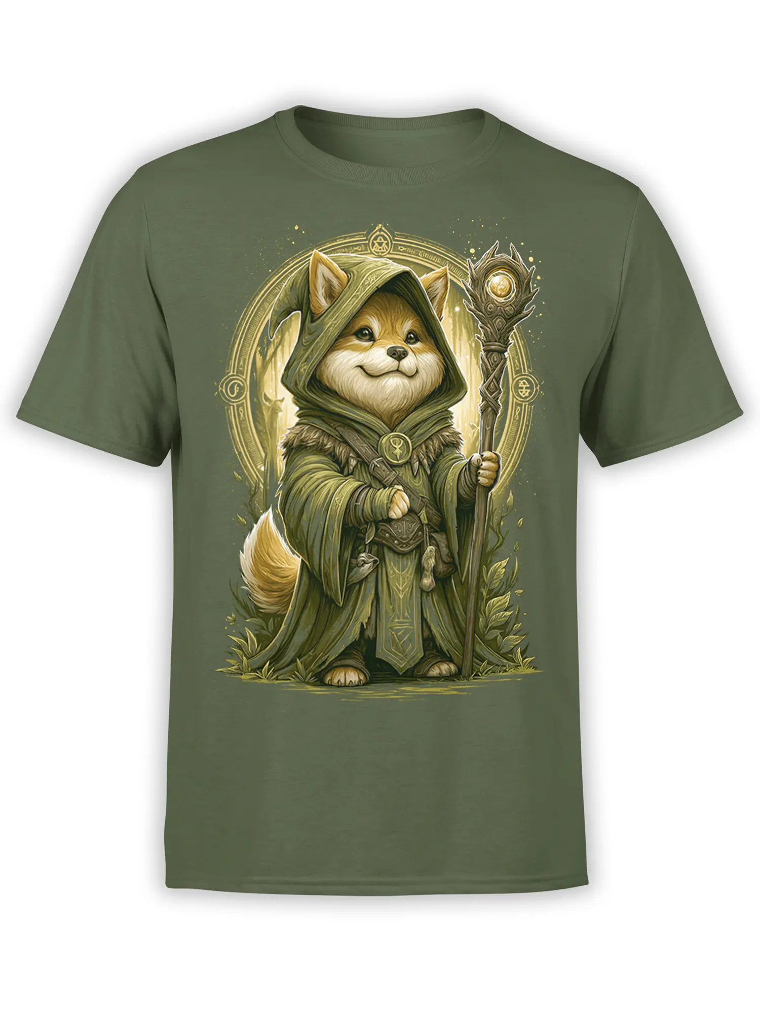 Olive green unisex t-shirt with a detailed shiba inu wizard in robes holding a magic staff inside a glowing rune circle.