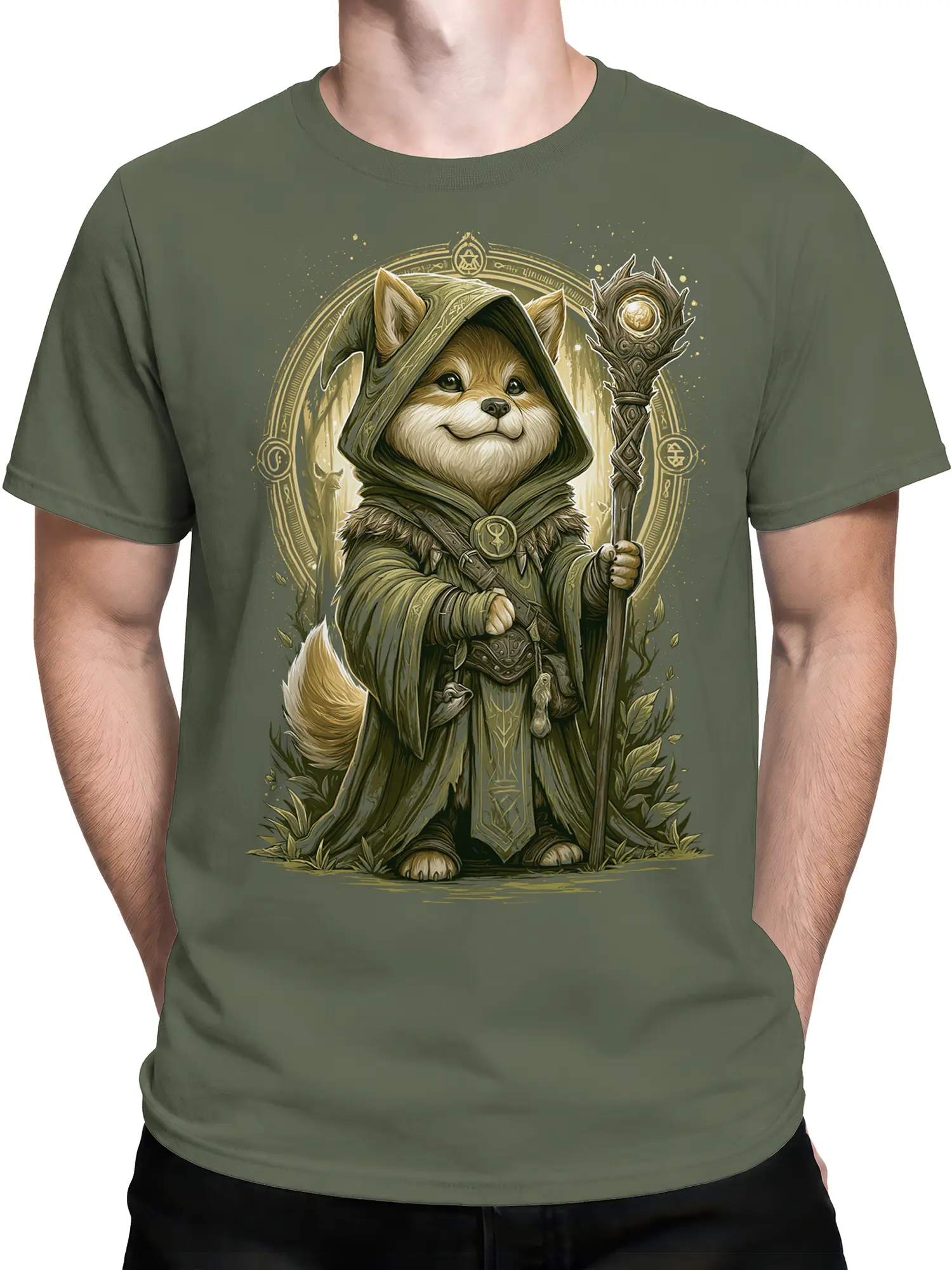 Man wearing the olive green shiba inu wizard t-shirt with the fantasy dog design centered on the chest.