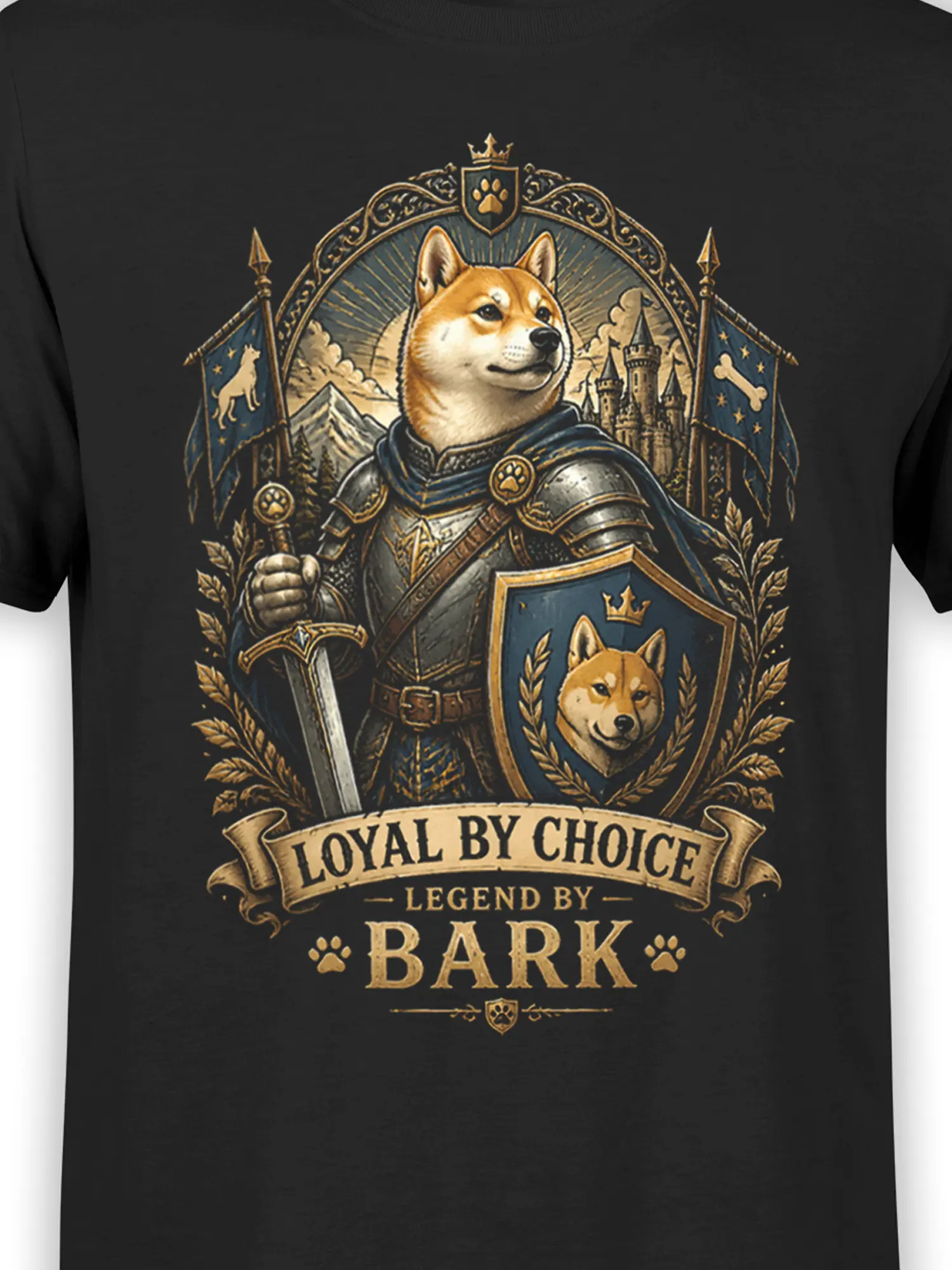 Close-up of the Shiba Inu knight design with armor, shield crest, castle, and Loyal By Choice Legend By Bark motto on black fabric