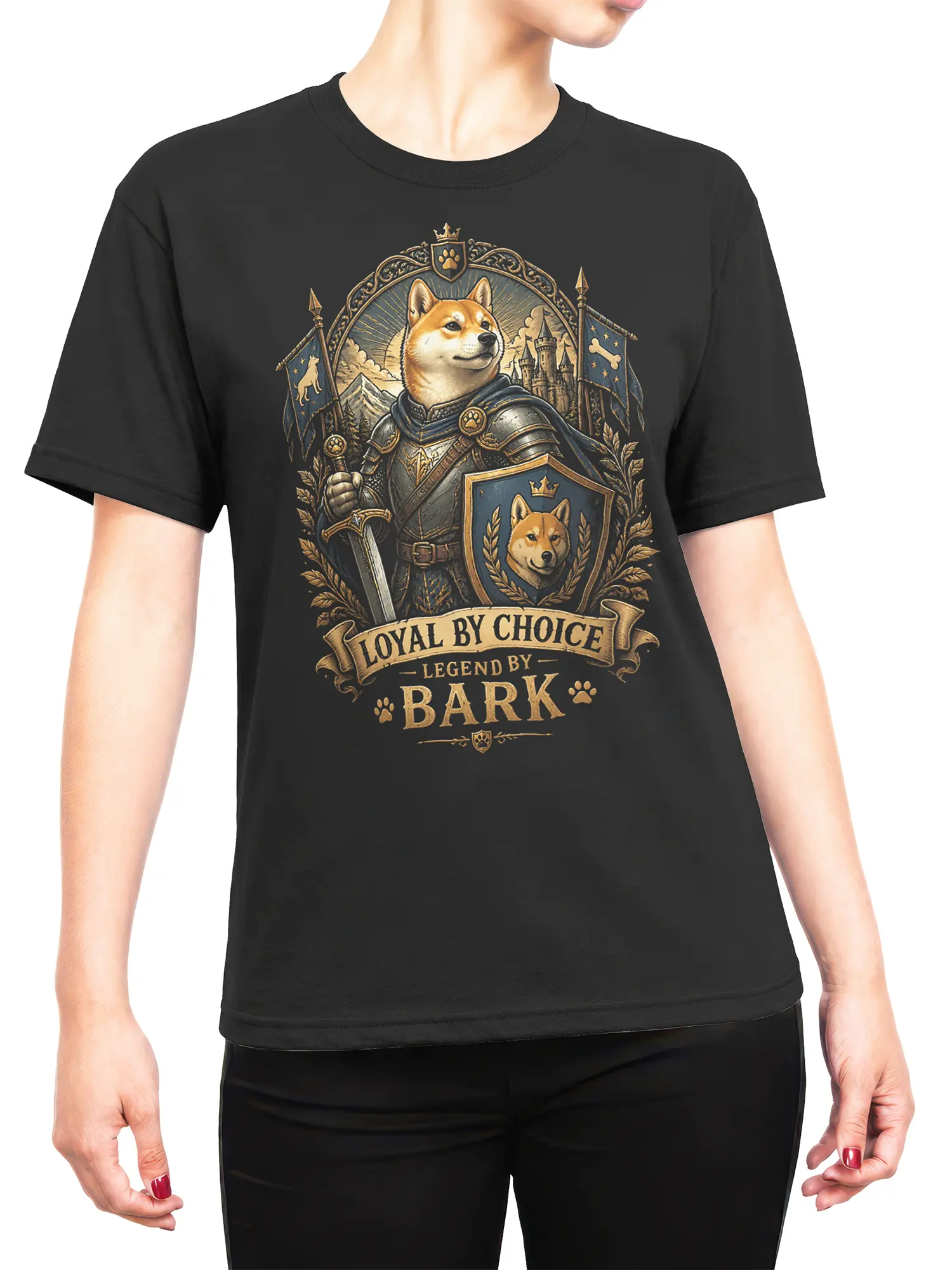 Woman wearing black Shiba Inu knight t-shirt with Loyal By Choice Legend By Bark fantasy dog design
