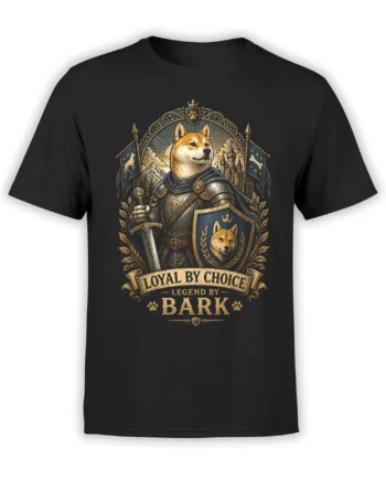 Black unisex t-shirt featuring an epic Shiba Inu knight in armor with sword and shield and the quote Loyal By Choice Legend By Bark