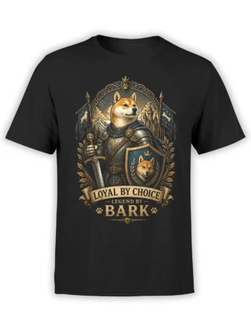 Black unisex t-shirt featuring an epic Shiba Inu knight in armor with sword and shield and the quote Loyal By Choice Legend By Bark