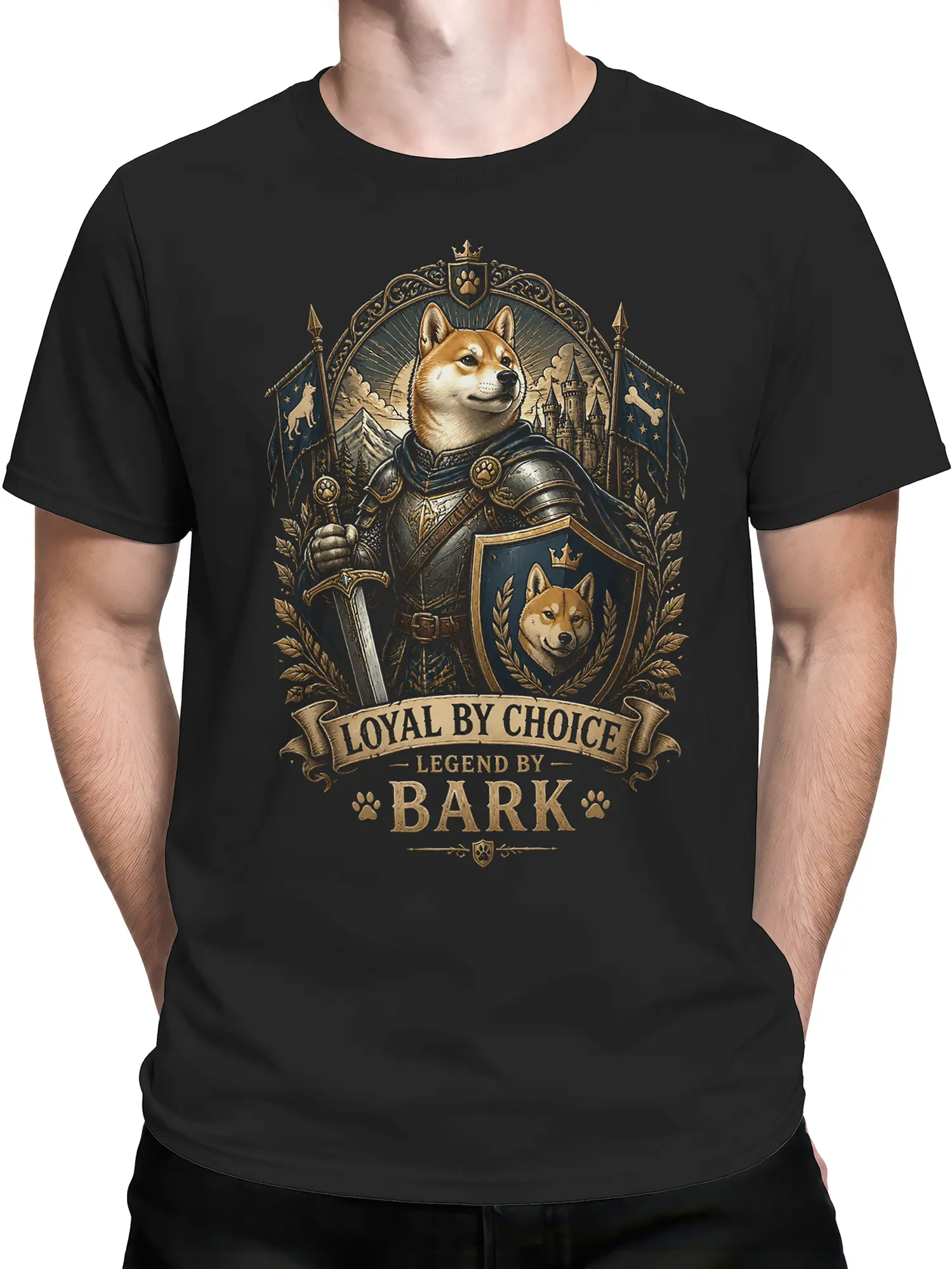 Man wearing black Shiba Inu knight graphic tee with epic Loyal By Choice Legend By Bark design