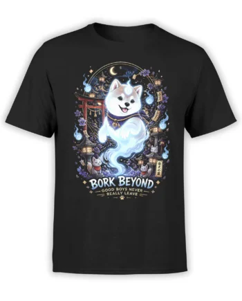 black unisex t-shirt featuring a glowing spirit shiba inu dog with japanese shrine lanterns and bork beyond text