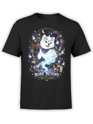 black unisex t-shirt featuring a glowing spirit shiba inu dog with japanese shrine lanterns and bork beyond text