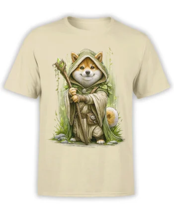 Beige unisex t-shirt with detailed fantasy Shiba Inu mage in a green hooded robe holding a crystal-topped staff in a forest setting