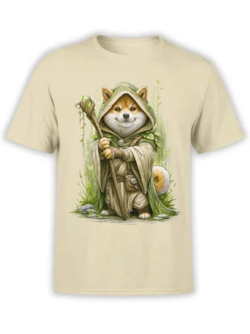 Beige unisex t-shirt with detailed fantasy Shiba Inu mage in a green hooded robe holding a crystal-topped staff in a forest setting