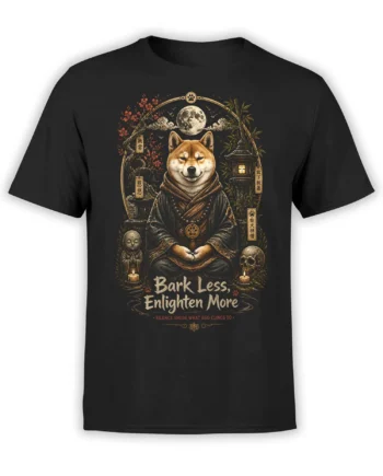 Black Shiba Inu T-Shirt with zen dog monk meditating under full moon, candles, skull and Japanese garden details on the chest
