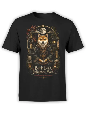 Black Shiba Inu T-Shirt with zen dog monk meditating under full moon, candles, skull and Japanese garden details on the chest