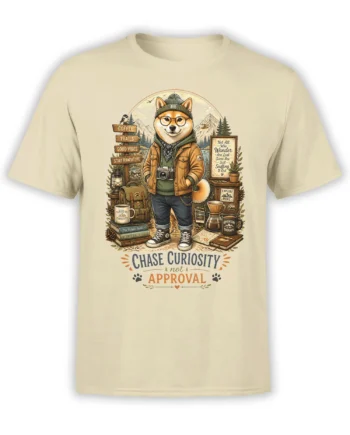 Beige unisex T-shirt with hipster Shiba Inu hiker, mountain campsite details, and “Chase Curiosity Not Approval” slogan.