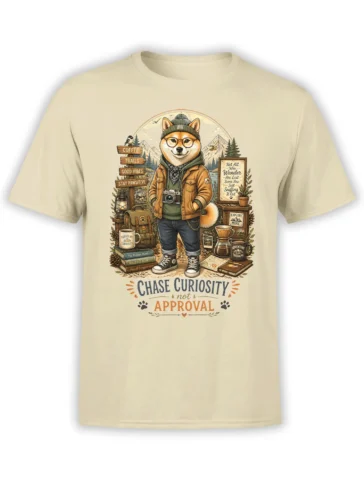 Beige unisex T-shirt with hipster Shiba Inu hiker, mountain campsite details, and “Chase Curiosity Not Approval” slogan.