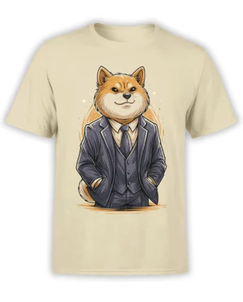 Beige unisex t-shirt featuring a confident cartoon Shiba Inu in a dark three-piece suit with subtle sparkles around him.