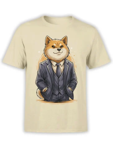 Beige unisex t-shirt featuring a confident cartoon Shiba Inu in a dark three-piece suit with subtle sparkles around him.