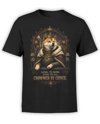 Black unisex T-shirt with regal Shiba Inu in crown and royal robes above the quote Loyal To None Kind To All Crowned By Choice in gold lettering