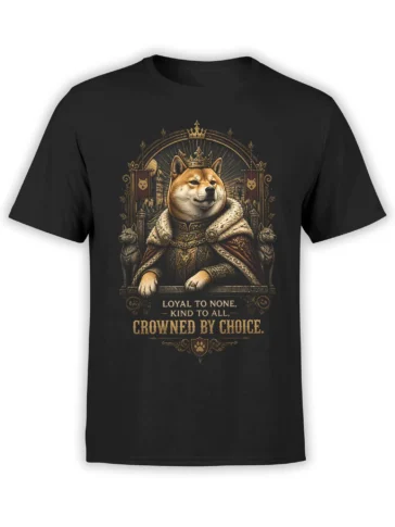 Black unisex T-shirt with regal Shiba Inu in crown and royal robes above the quote Loyal To None Kind To All Crowned By Choice in gold lettering