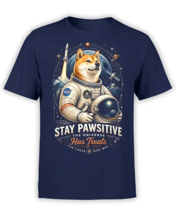 navy unisex t-shirt with astronaut shiba inu graphic, rocket and planets, and the text stay pawsitive the universe has treats