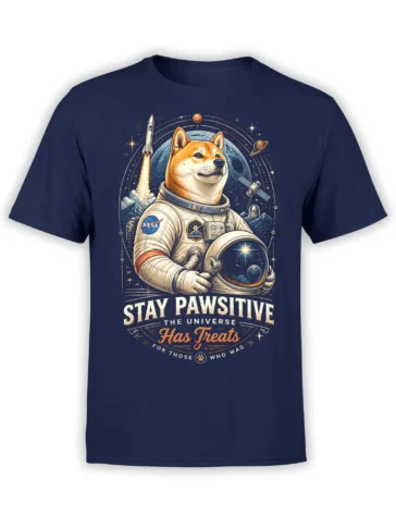 navy unisex t-shirt with astronaut shiba inu graphic, rocket and planets, and the text stay pawsitive the universe has treats
