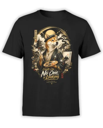 black unisex T-shirt with artistic Shiba Inu painter, Japanese moonlit landscape, and “Create Like No One is Looking” quote