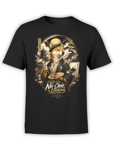 black unisex T-shirt with artistic Shiba Inu painter, Japanese moonlit landscape, and “Create Like No One is Looking” quote