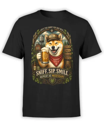 Black unisex T-shirt with vintage Shiba Inu holding a frothy craft beer, hops and brewery graphics, and the slogan “Sniff. Sip. Smile.”