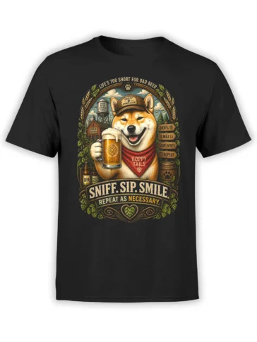 Black unisex T-shirt with vintage Shiba Inu holding a frothy craft beer, hops and brewery graphics, and the slogan “Sniff. Sip. Smile.”
