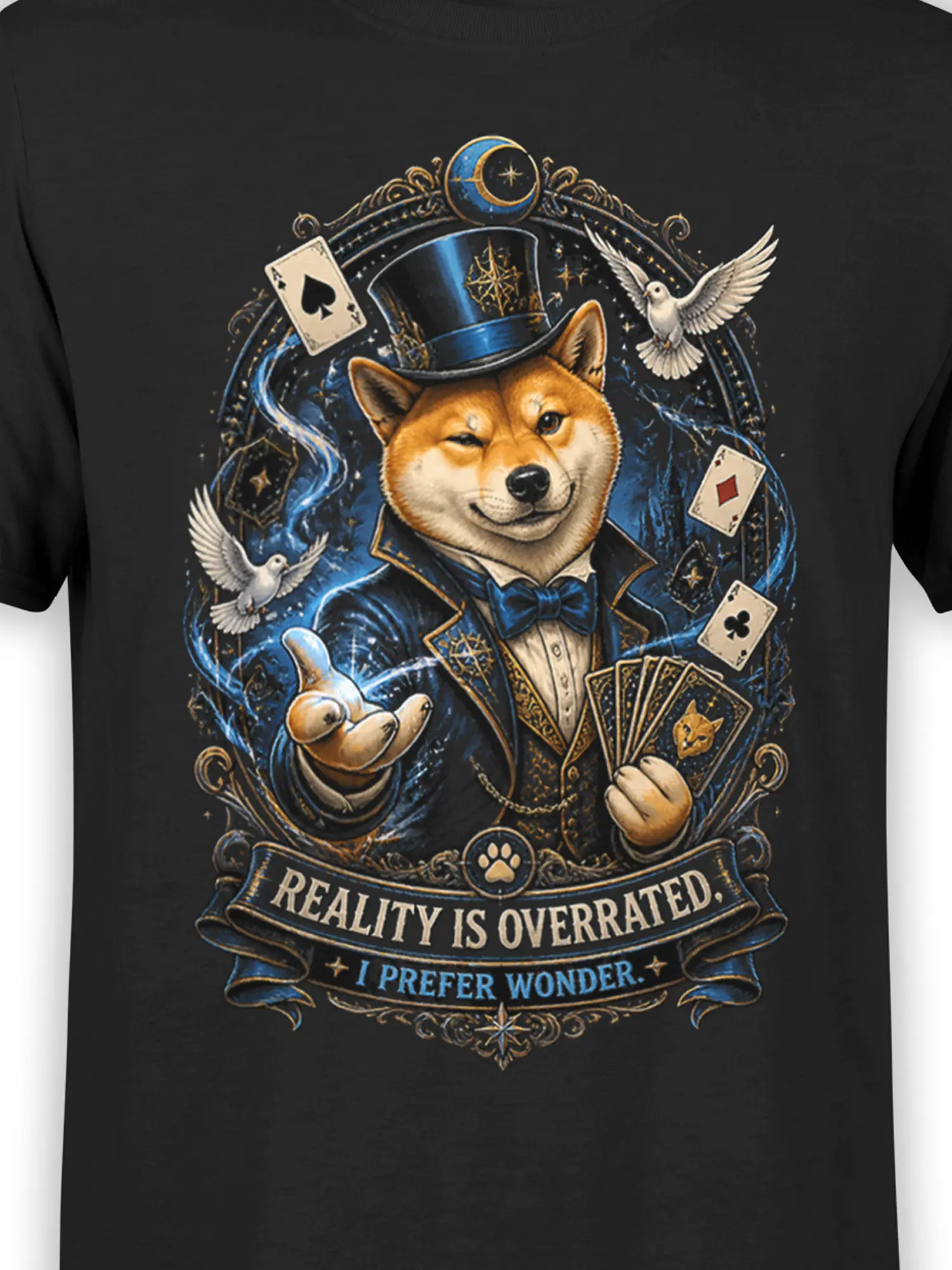 close-up of shiba inu magician artwork with glowing blue magic, playing cards, and ornate reality is overrated banner