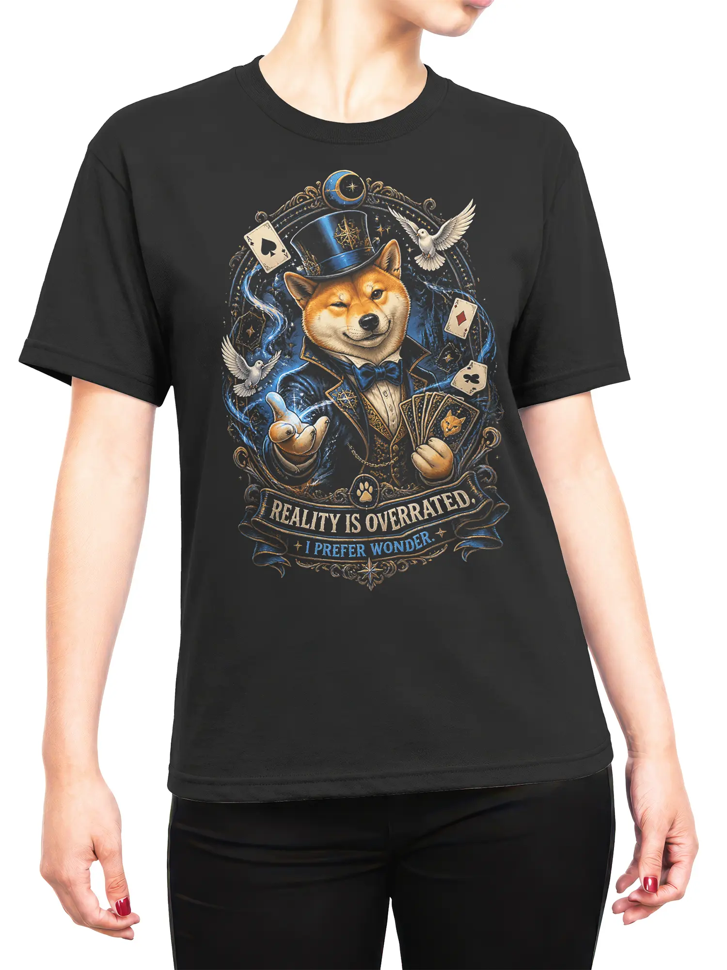 female model wearing black shiba inu magician t-shirt with fantasy cards and reality is overrated slogan
