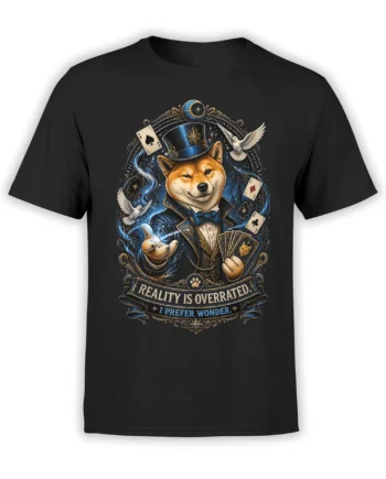 black shiba inu magician t-shirt with cards, doves, and reality is overrated quote printed in detailed blue and gold artwork