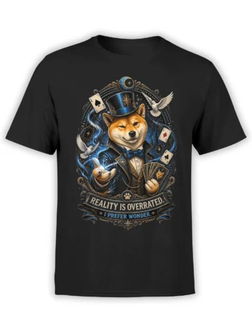 black shiba inu magician t-shirt with cards, doves, and reality is overrated quote printed in detailed blue and gold artwork