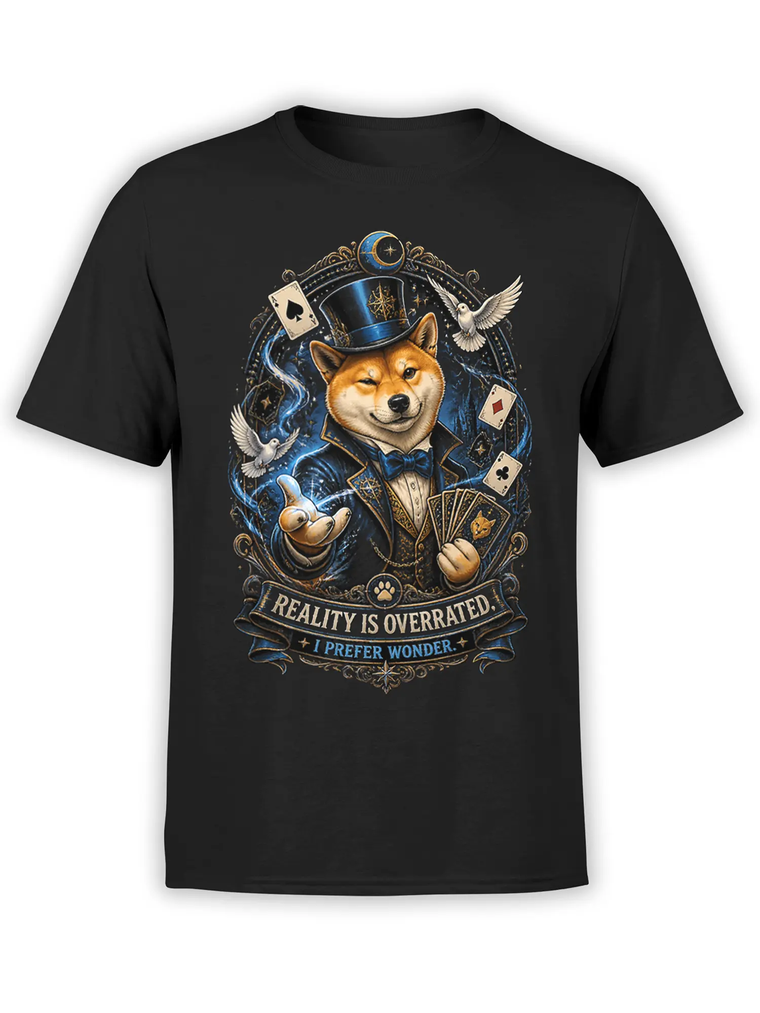 black shiba inu magician t-shirt with cards, doves, and reality is overrated quote printed in detailed blue and gold artwork