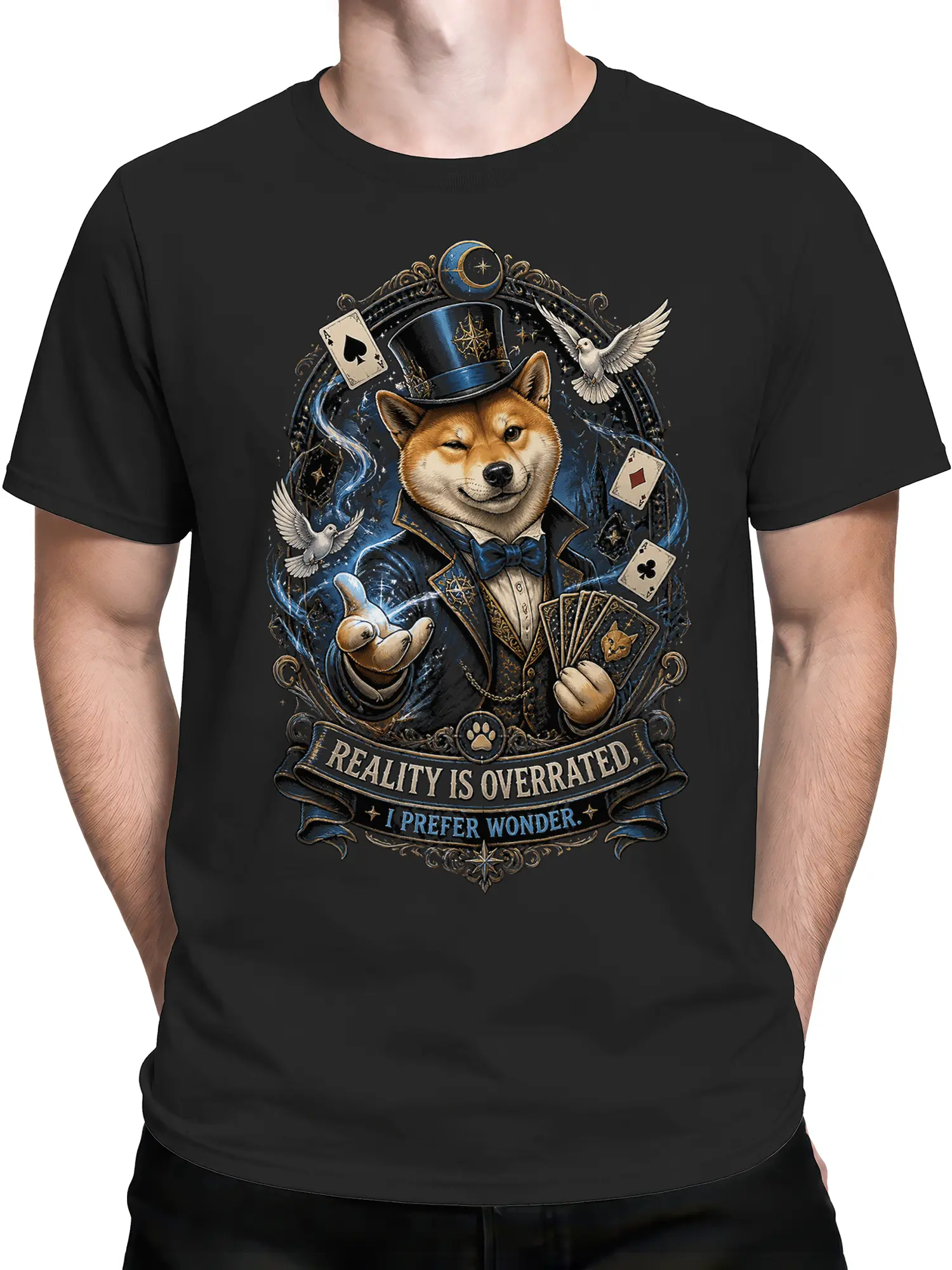 male model in black shiba inu magician tee with cards, doves, and reality is overrated text